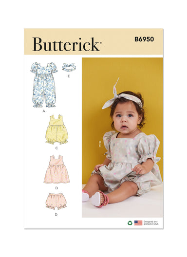 Butterick sewing pattern 6950 Babies' Rompers, Dress, Bloomers and Headband from Jaycotts Sewing Supplies