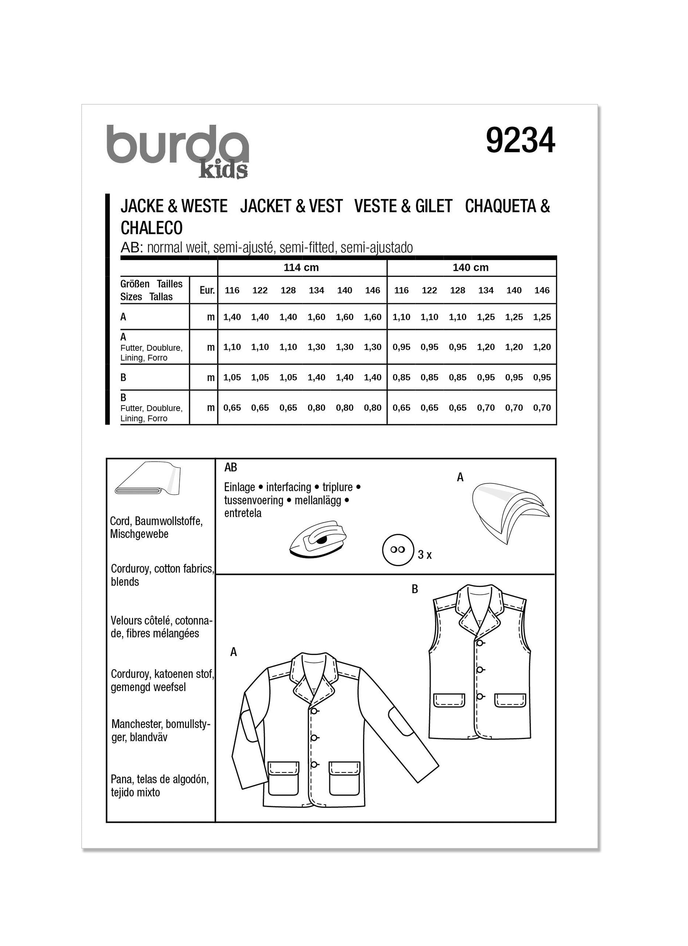 Burda Sewing Pattern 9234 Children's Jacket and Waistcoat from Jaycotts Sewing Supplies