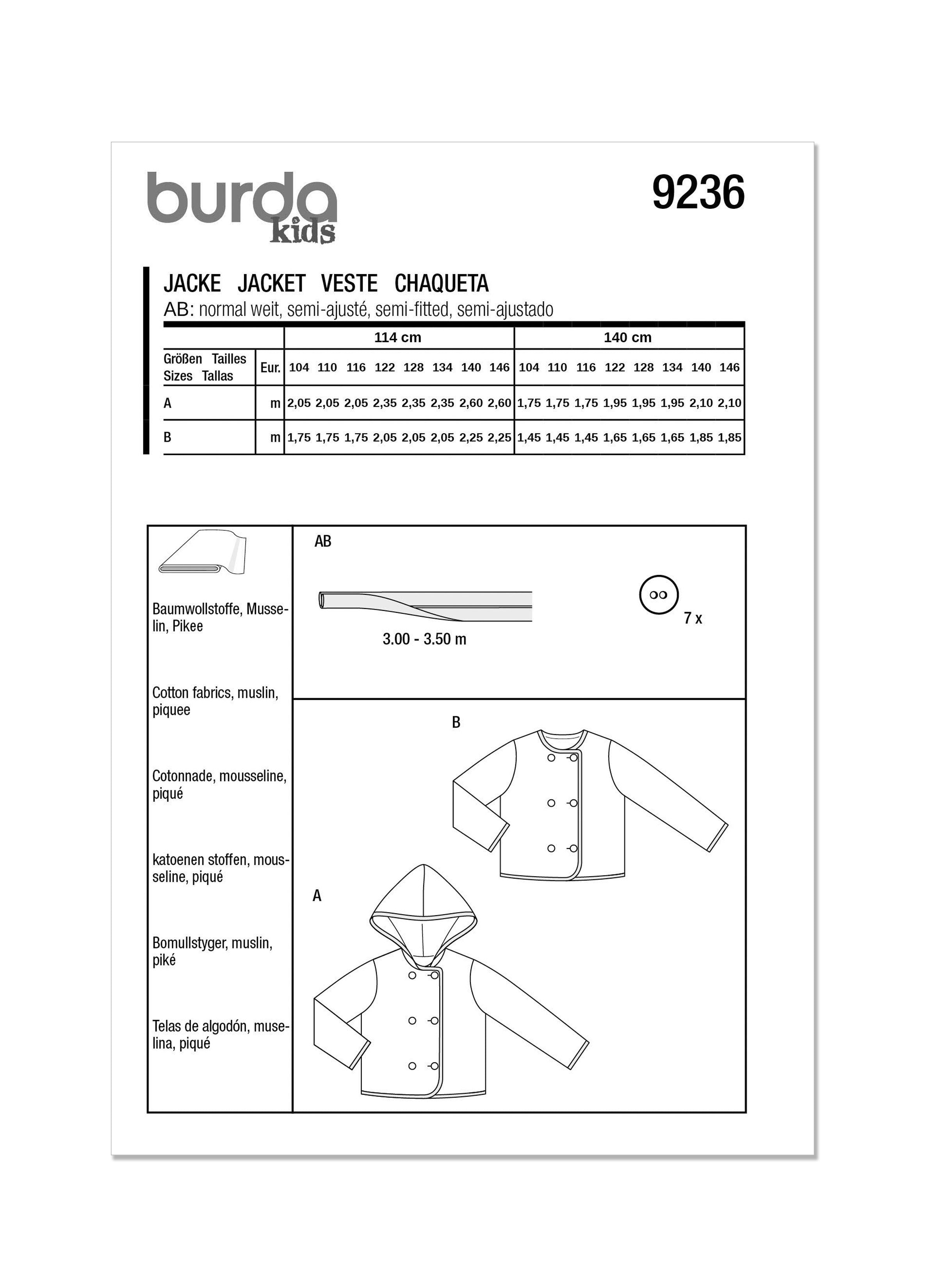Burda Sewing Pattern 9236 Children's Jacket from Jaycotts Sewing Supplies