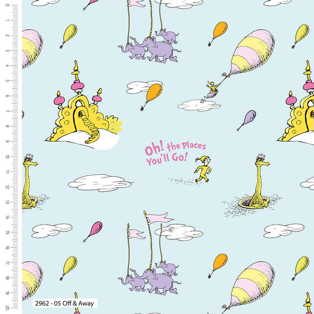 Dr Seuss Organic Cotton Fabric, Off & Away from Jaycotts Sewing Supplies