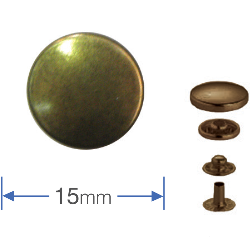 Component detail Prym 390299 Press Fasteners Antique Brass 15mm size from Jaycotts Sewing Supplies