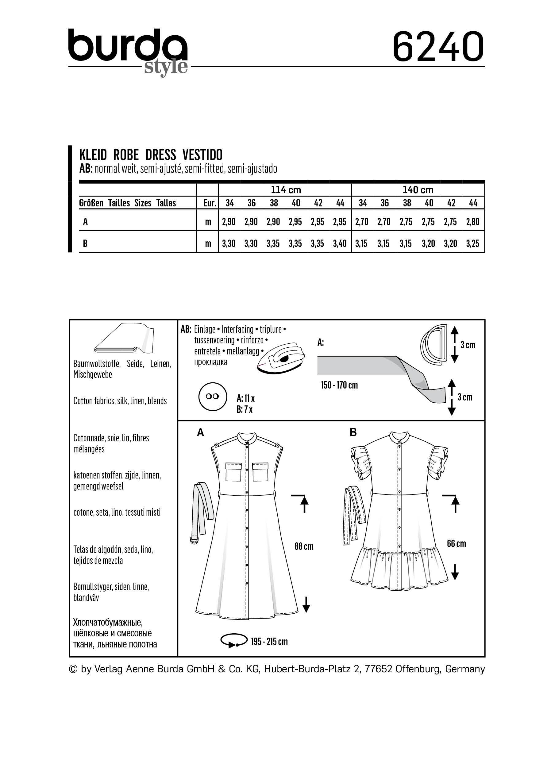 Burda Pattern 6240  Dress with Button Fastening –
 Stand Collar – Frills from Jaycotts Sewing Supplies