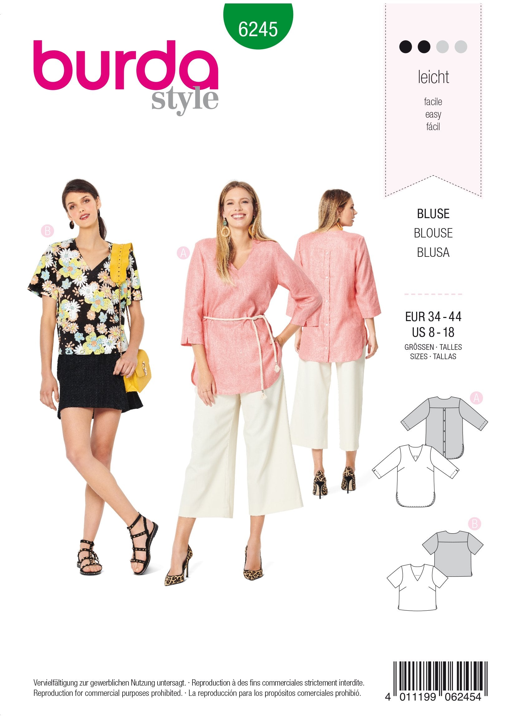 Burda Pattern 6245  Blouse – Tunic Top – V-Neck – 
Back Button Fastening from Jaycotts Sewing Supplies