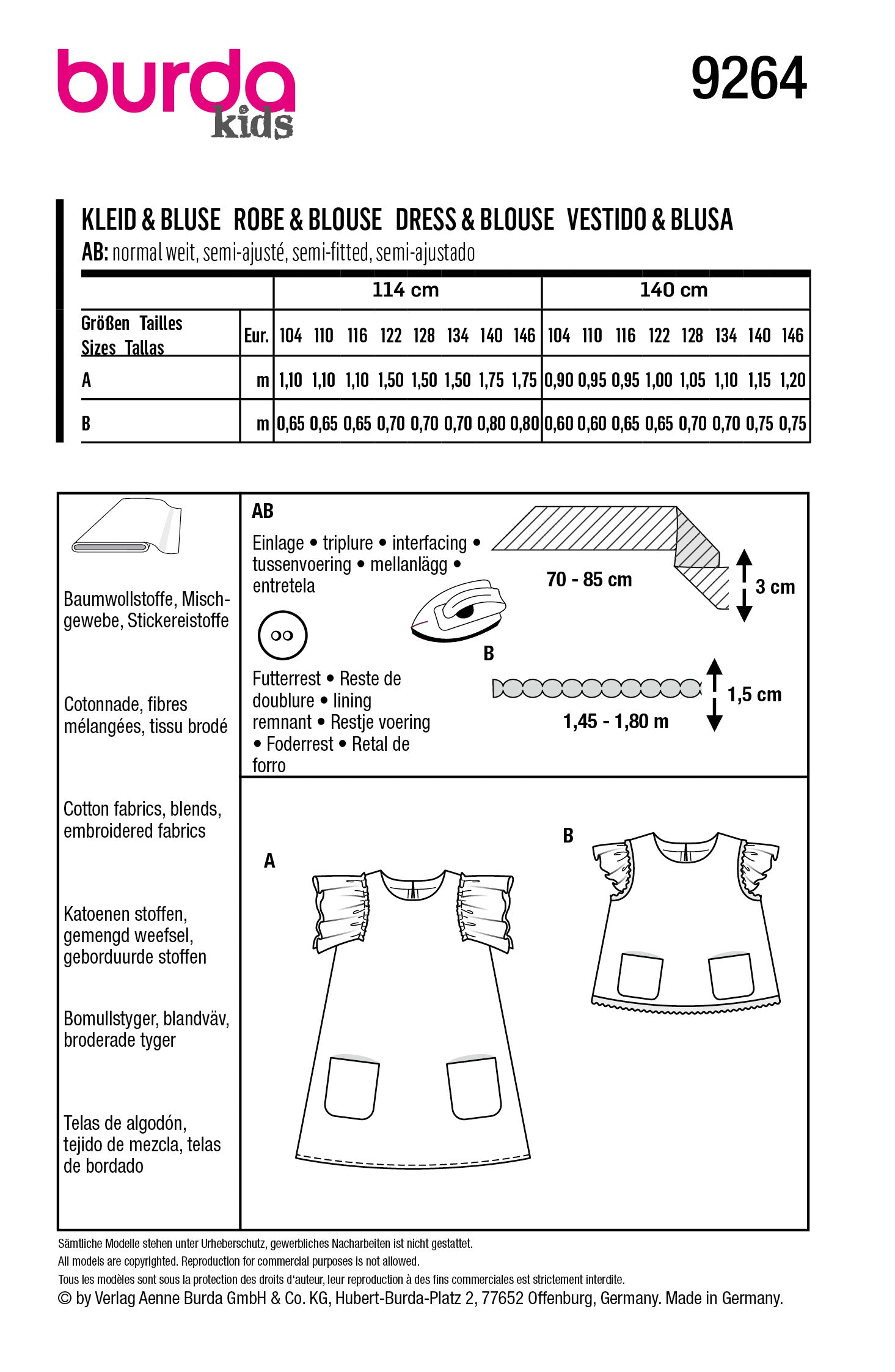 Burda Style Pattern 9264 Kids  Dress / Blouse from Jaycotts Sewing Supplies