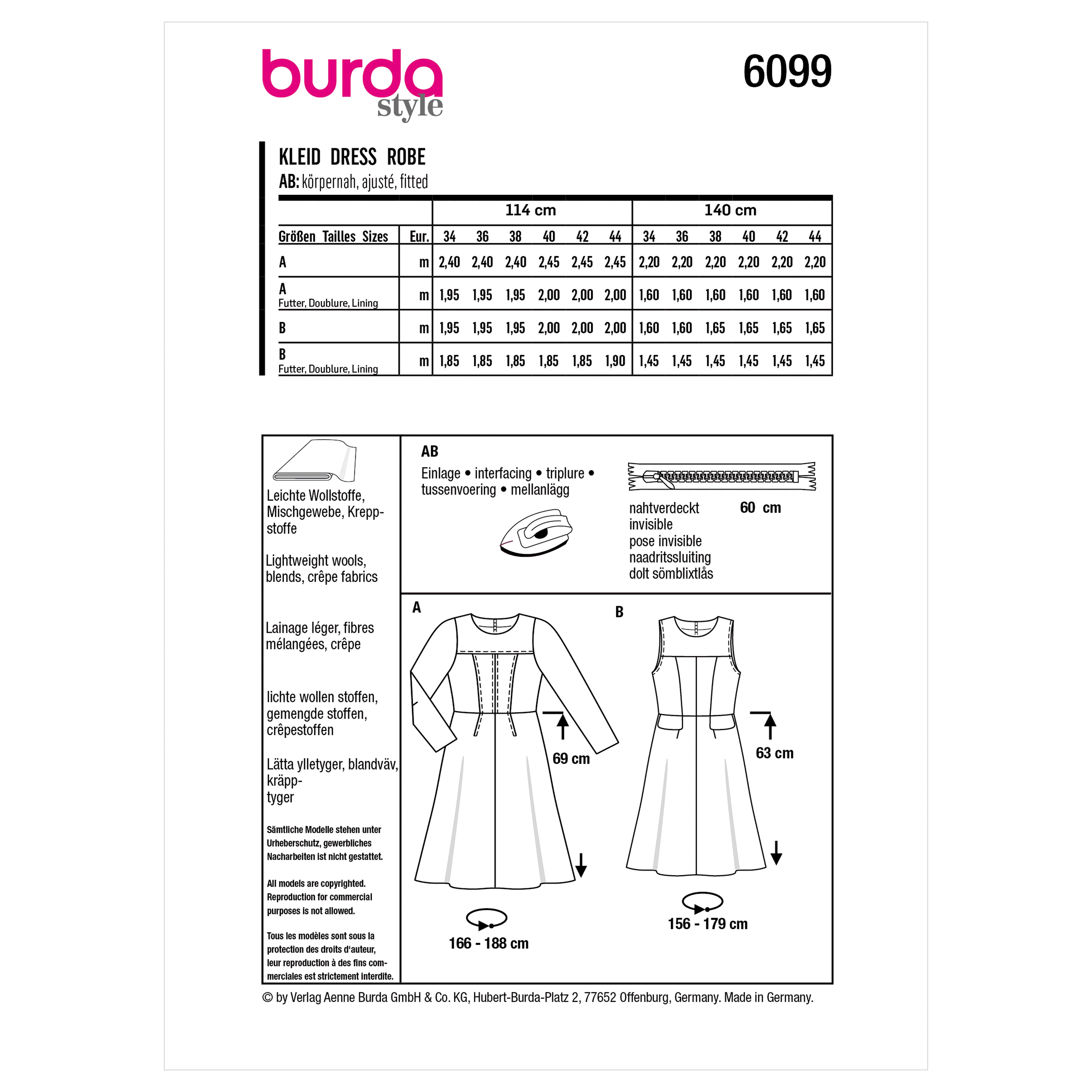 Burda Sewing Pattern 6099 Dress from Jaycotts Sewing Supplies