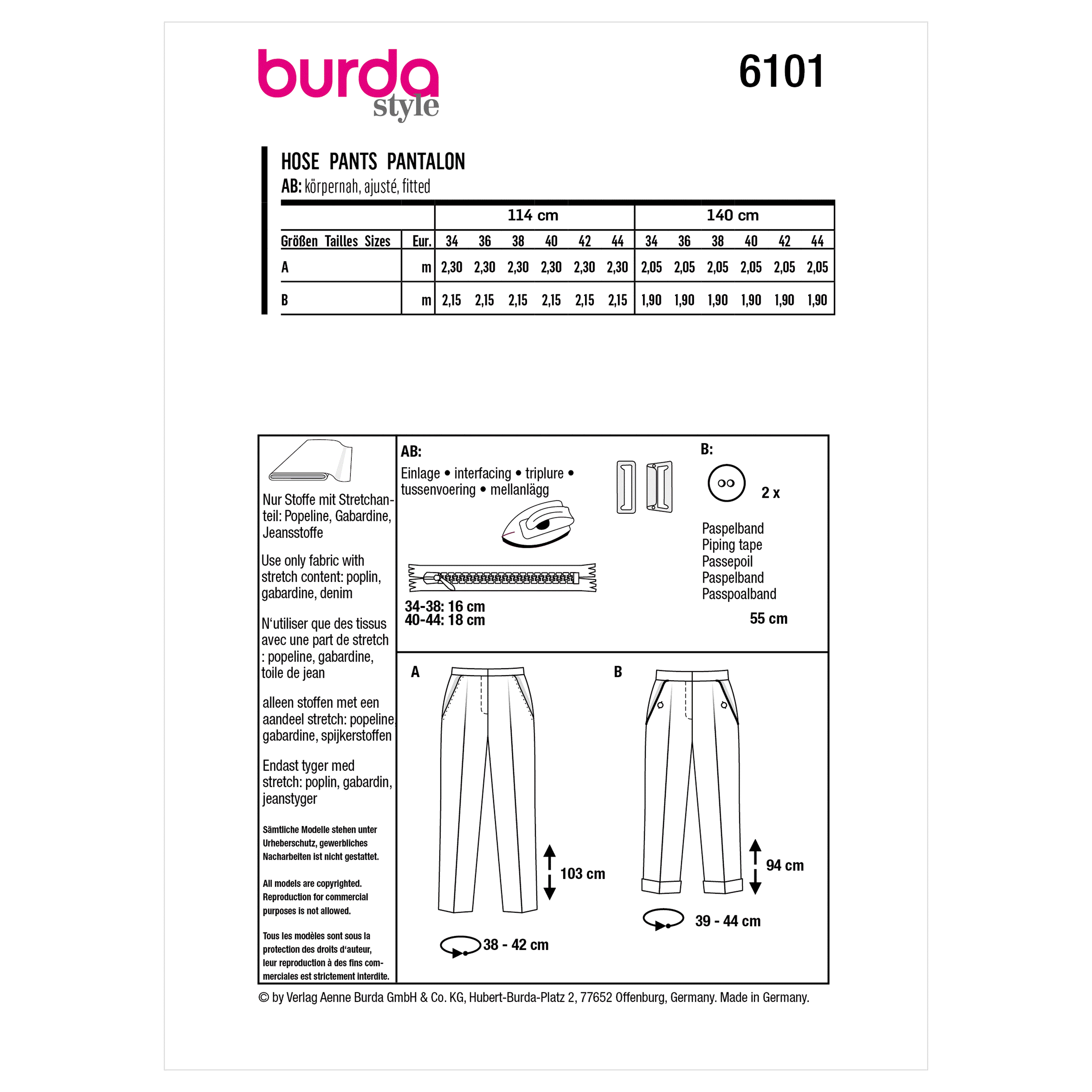 Burda Sewing Pattern 6101 Trousers from Jaycotts Sewing Supplies