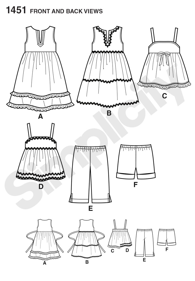 Simplicity Pattern 1451 Toddlers' Dresses, Top, Cropped Pants & Shorts from Jaycotts Sewing Supplies