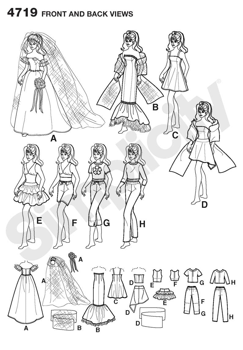 Simplicity Pattern 4719 8 Outfits for 11Â½" Fashion Doll from Jaycotts Sewing Supplies