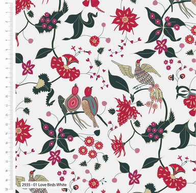 Indian Summer Organic Cotton Fabric, Love Birds White from Jaycotts Sewing Supplies
