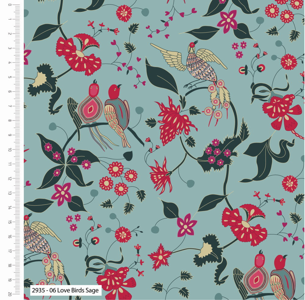 Indian Summer Organic Cotton Fabric, Love Birds Sage from Jaycotts Sewing Supplies