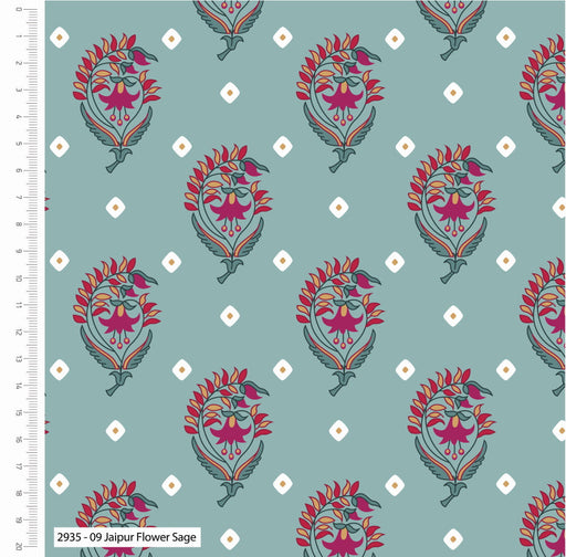 Indian Summer Organic Cotton Fabric, Jaipur Flower Sage from Jaycotts Sewing Supplies