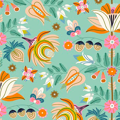 Serenade Organic Cotton Fabric, Folk Bouquet Dusty Aqua from Jaycotts Sewing Supplies