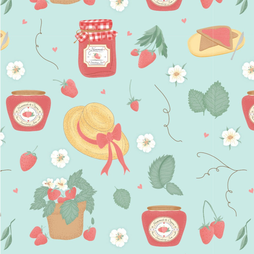 Strawberry Picking Organic Cotton Fabric, Jam Jars from Jaycotts Sewing Supplies