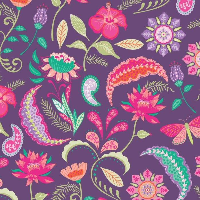 Bohemian Summer Organic Cotton Fabric, Exotic Oasis Purple from Jaycotts Sewing Supplies