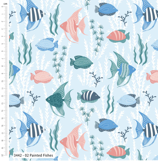 Tranquil Shores Organic Cotton Fabric, Painted Fishes from Jaycotts Sewing Supplies