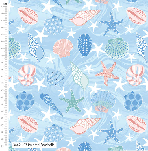 Tranquil Shores Organic Cotton Fabric, Painted Seashells from Jaycotts Sewing Supplies