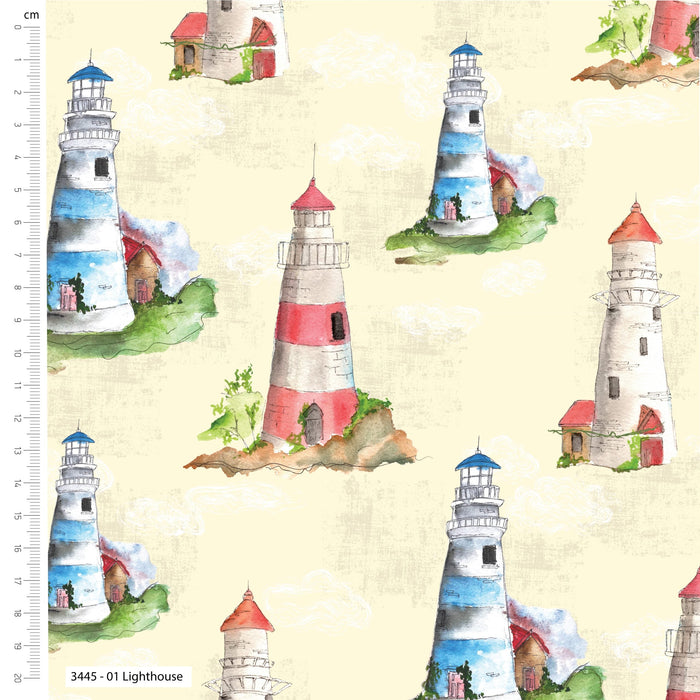 A Day By The Sea Organic Cotton Fabric, Lighthouse from Jaycotts Sewing Supplies