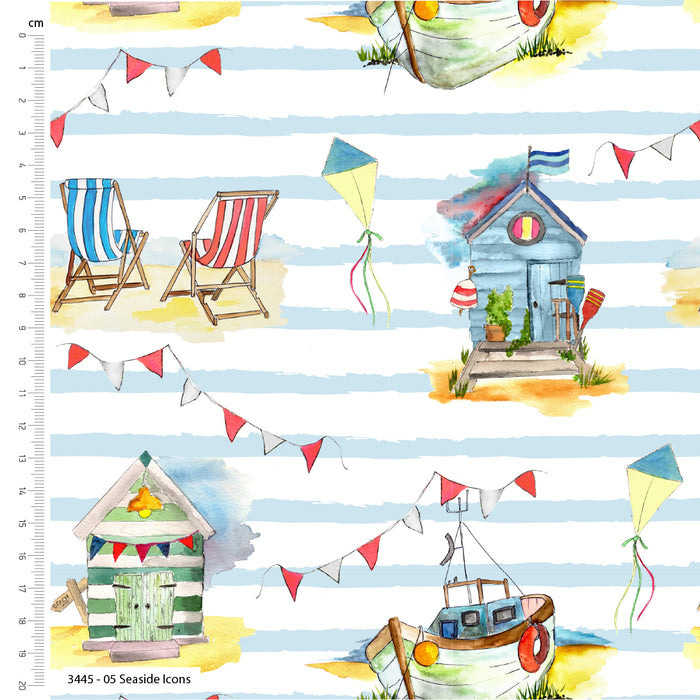 A Day By The Sea Organic Cotton Fabric, Seaside Icons from Jaycotts Sewing Supplies