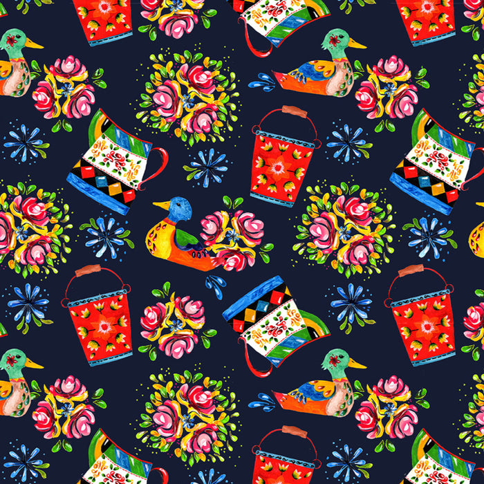 Bohemian Waters Organic Cotton Fabric, Narrowboat Decor Navy from Jaycotts Sewing Supplies