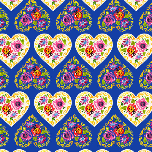 Bohemian Waters Organic Cotton Fabric, Folk Hearts Blue from Jaycotts Sewing Supplies