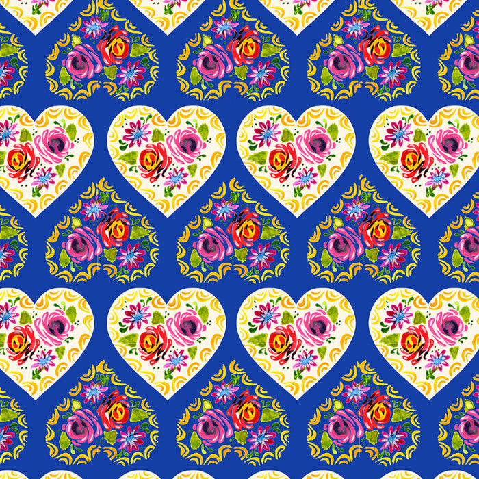Bohemian Waters Organic Cotton Fabric, Folk Hearts Blue from Jaycotts Sewing Supplies