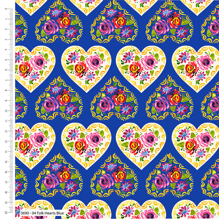 Bohemian Waters Organic Cotton Fabric, Folk Hearts Blue from Jaycotts Sewing Supplies