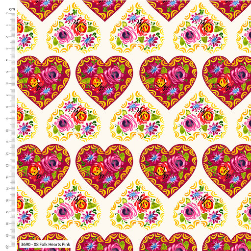 Bohemian Waters Organic Cotton Fabric, Folk Hearts Pink from Jaycotts Sewing Supplies