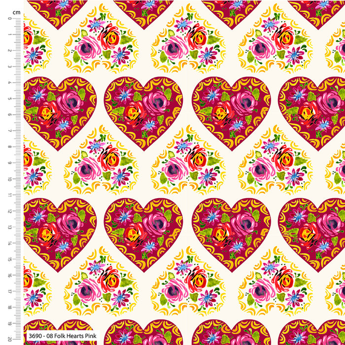 Bohemian Waters Organic Cotton Fabric, Folk Hearts Pink from Jaycotts Sewing Supplies
