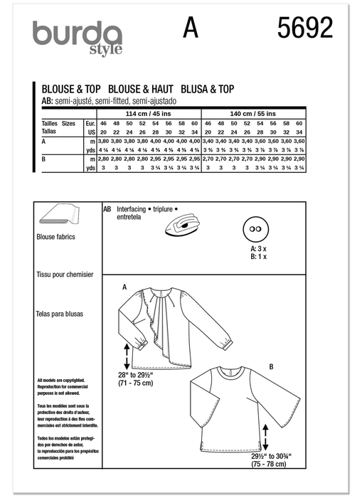 Burda Pattern 5692 Misses' Blouse and Shirt from Jaycotts Sewing Supplies