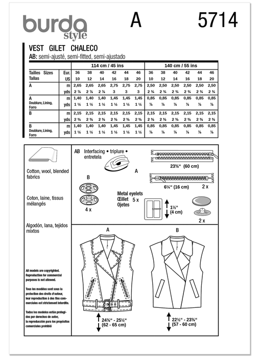 Burda Pattern 5714 Misses' Waistcoats from Jaycotts Sewing Supplies