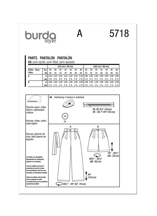Burda style sewing pattern 5718 Misses' Trousers and shorts from Jaycotts Sewing Supplies