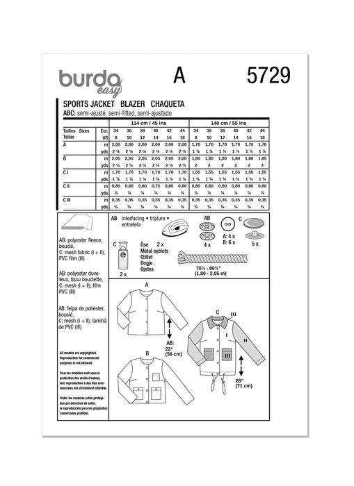 Burda style sewing pattern 5729 Misses' Blazer and Jacket from Jaycotts Sewing Supplies