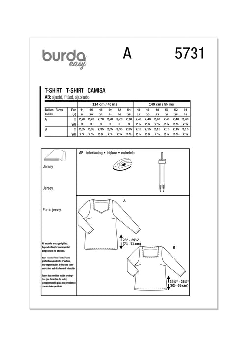 Burda style sewing pattern 5731 Misses' T-Shirt from Jaycotts Sewing Supplies
