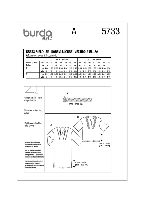 Burda style sewing  pattern 5733 Misses' Dress and Blouse from Jaycotts Sewing Supplies