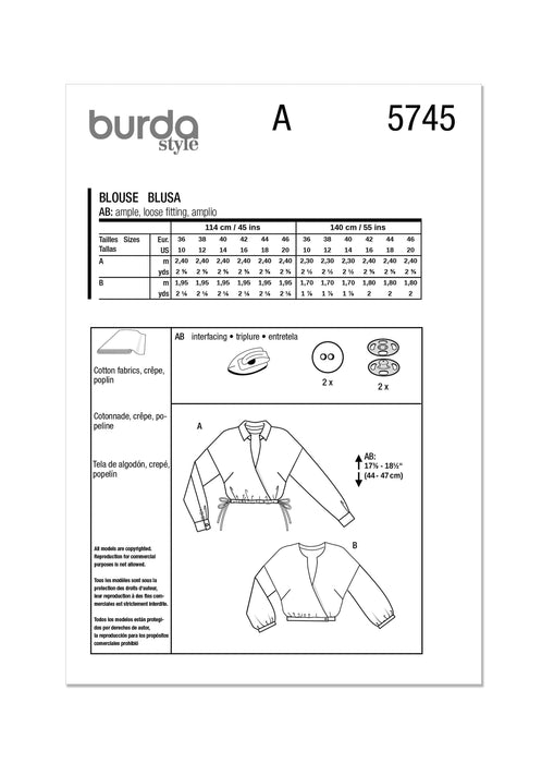 Burda style sewing pattern 5745 Misses' Blouse from Jaycotts Sewing Supplies