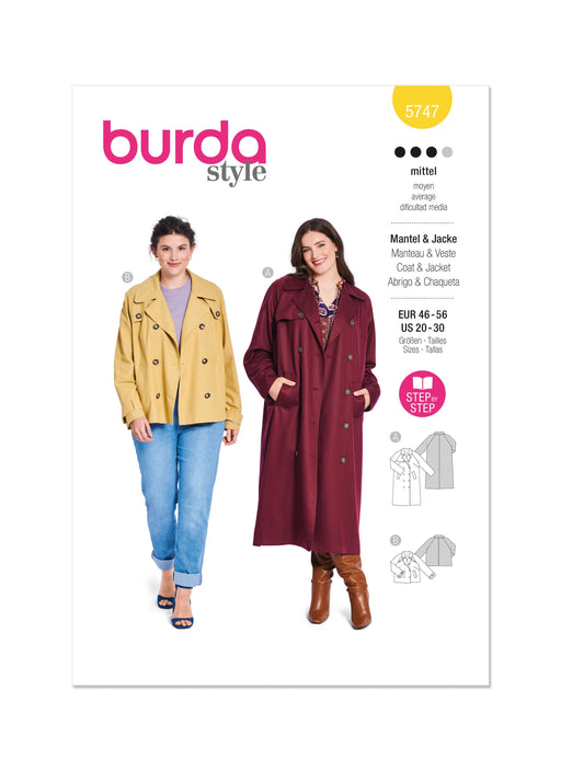 Burda style sewing pattern 5747 Misses' Trench Coat and Jacket from Jaycotts Sewing Supplies