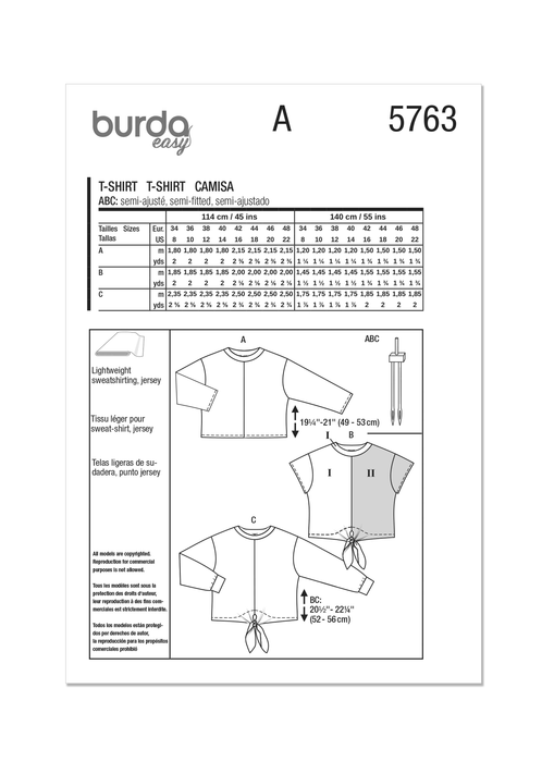 Burda Style Pattern 5763 Misses' T-Shirts from Jaycotts Sewing Supplies