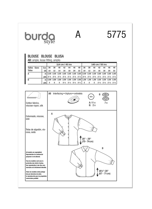 Burda Style Pattern 5775 Misses' Blouses from Jaycotts Sewing Supplies