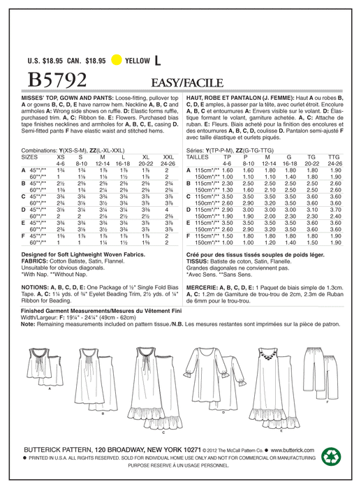 Butterick 5792 Misses' Nightwear Pattern Top, Gown and Pants from Jaycotts Sewing Supplies