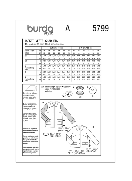 Burda Style Pattern 5799 Men's Jacket from Jaycotts Sewing Supplies