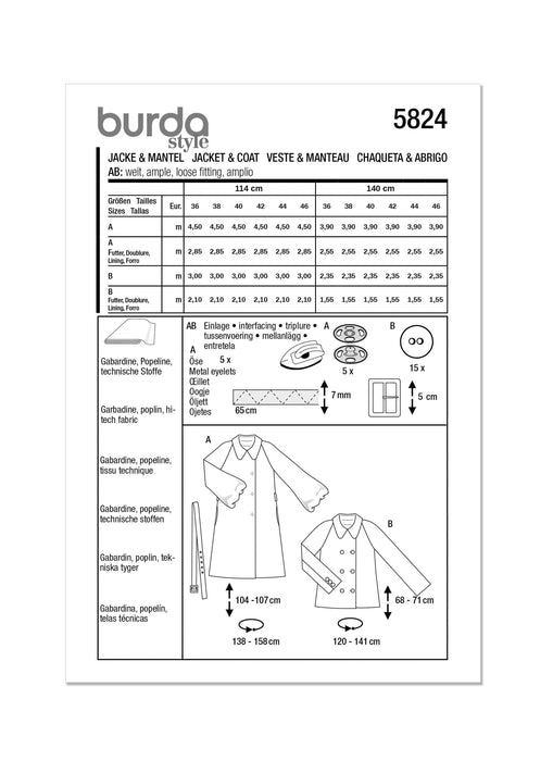 Burda Style 5824 Misses' Jacket and Coat Pattern from Jaycotts Sewing Supplies