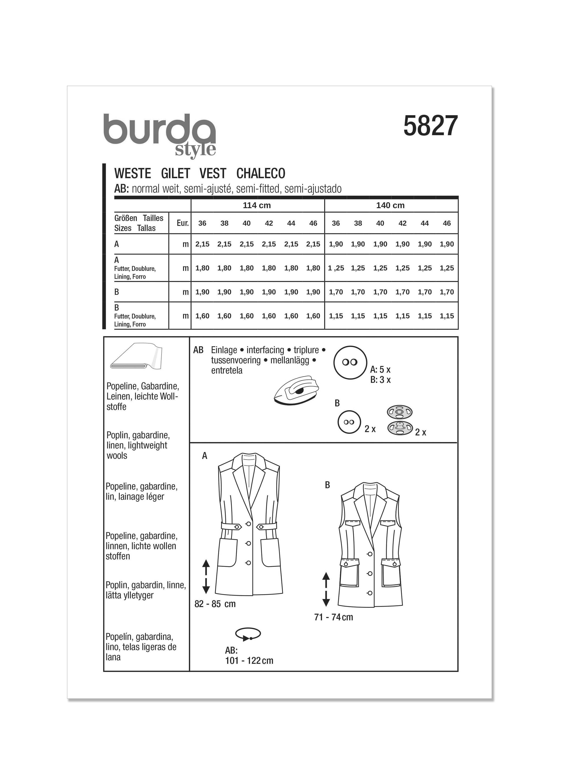 Burda Style Pattern 5827 Misses' Waistcoat from Jaycotts Sewing Supplies