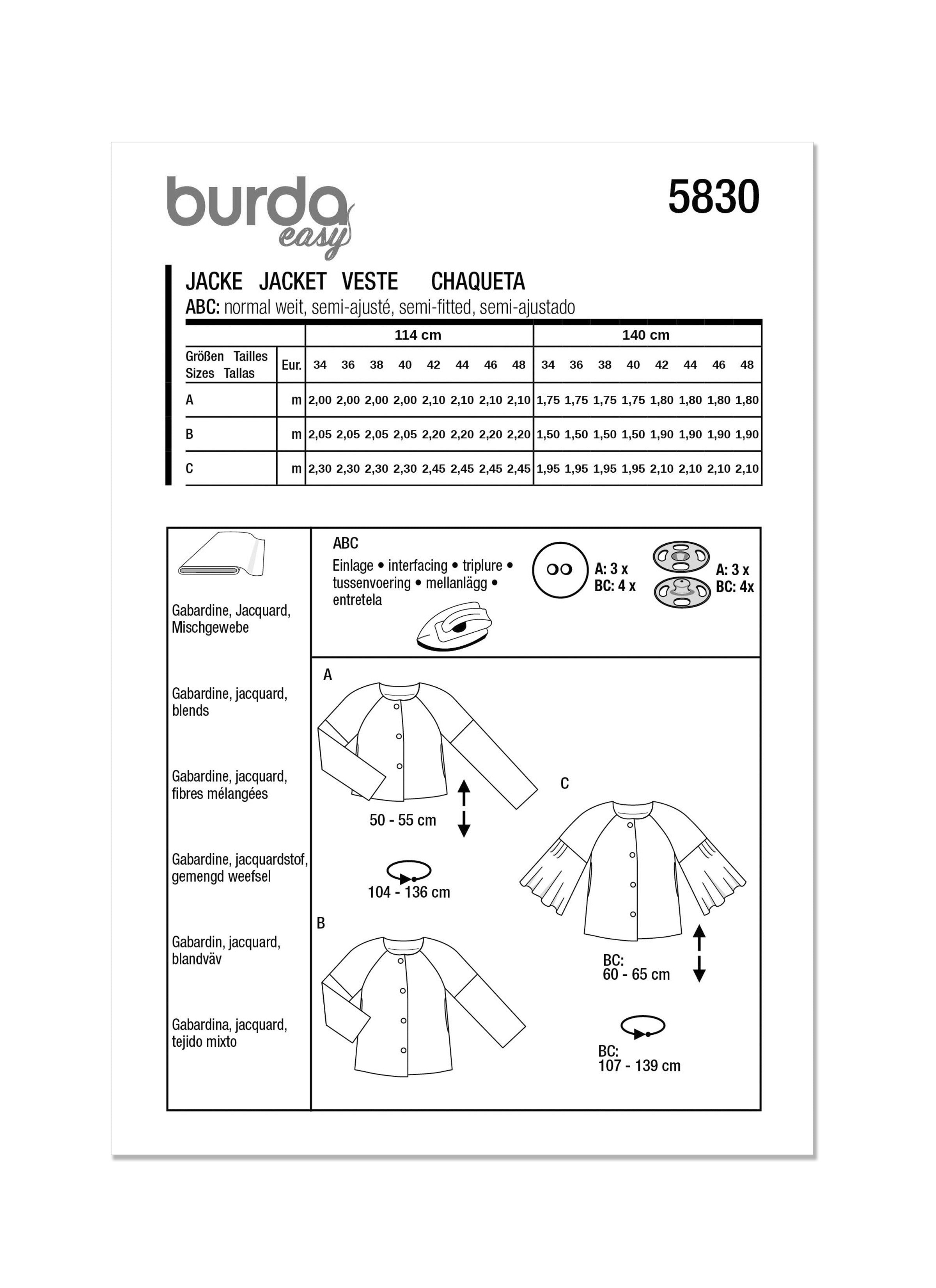 Burda Style Pattern 5830 Misses' Jacket from Jaycotts Sewing Supplies