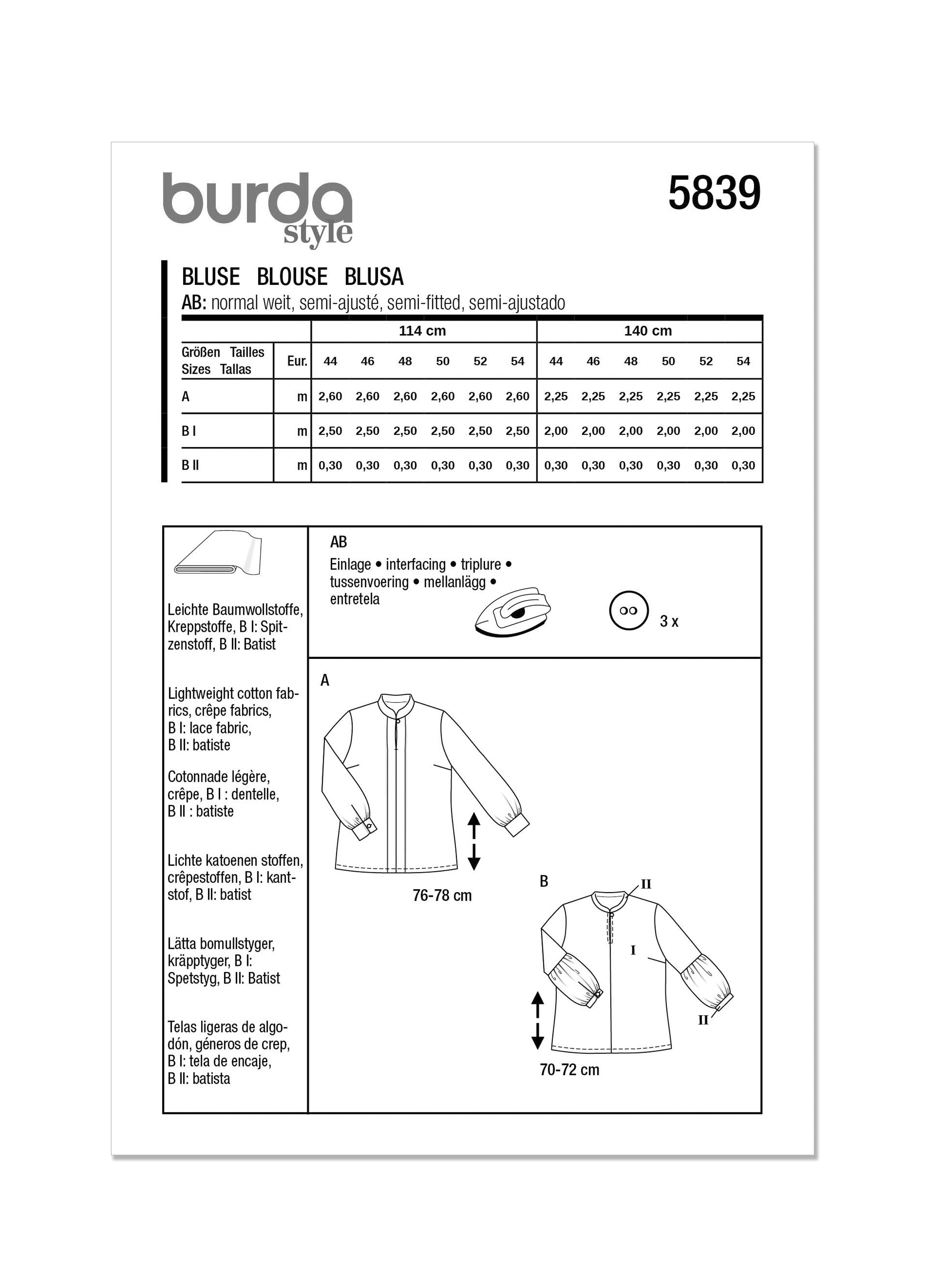 Burda Style Pattern 5839 Misses' Blouse from Jaycotts Sewing Supplies