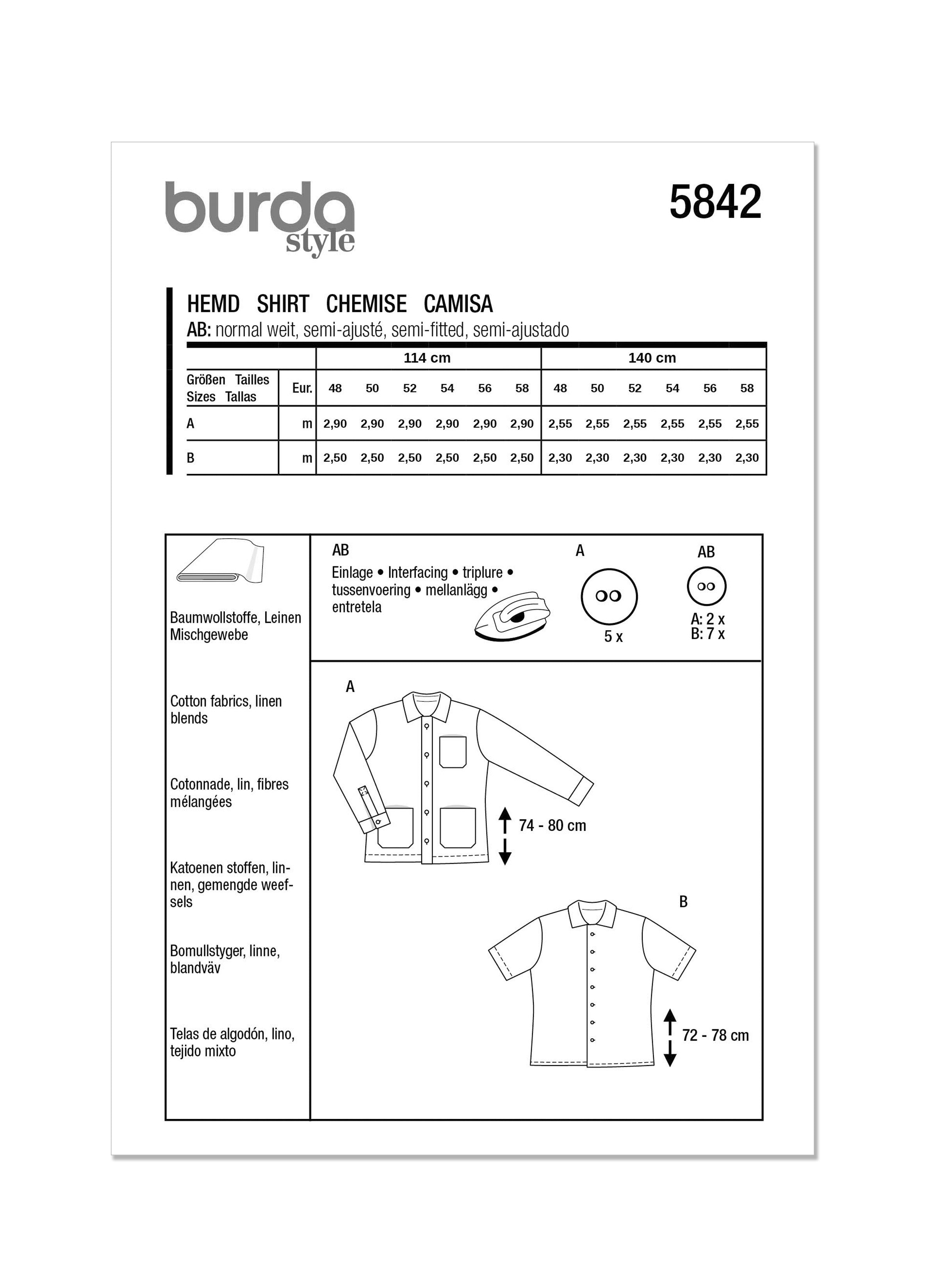 Burda Style 5842 Men's Shirt Pattern from Jaycotts Sewing Supplies
