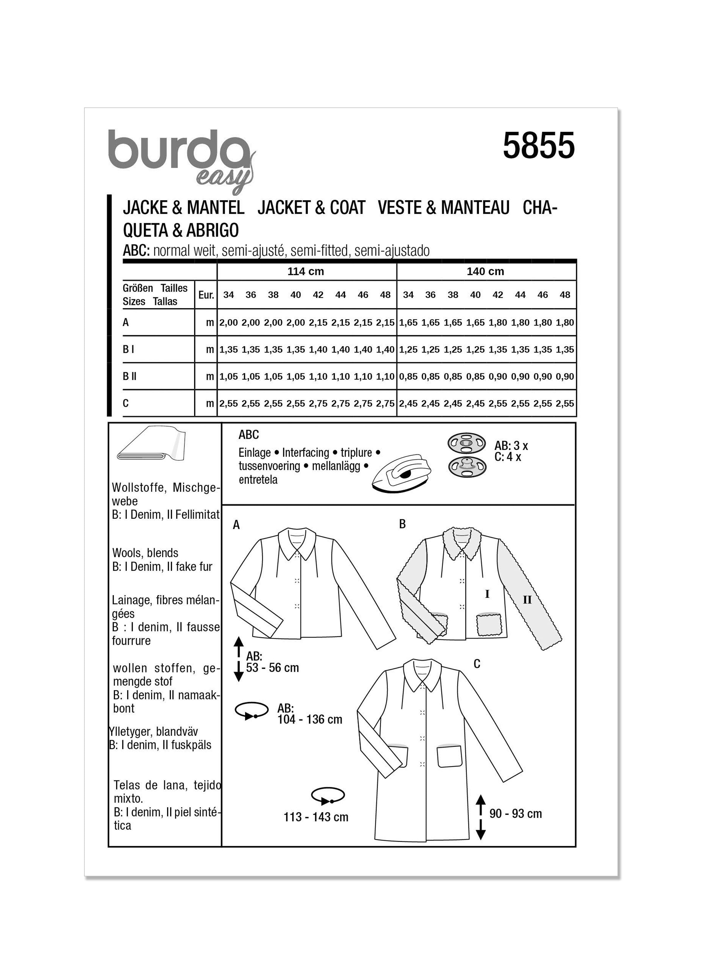 Burda Sewing Pattern 5855 Misses' Jacket & Coat from Jaycotts Sewing Supplies