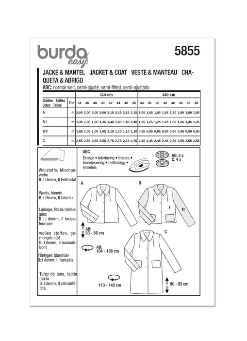 Burda Sewing Pattern 5855 Misses' Jacket & Coat from Jaycotts Sewing Supplies