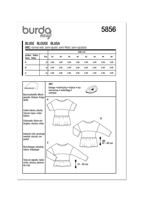 Burda Sewing Pattern 5856 Misses' Blouse from Jaycotts Sewing Supplies