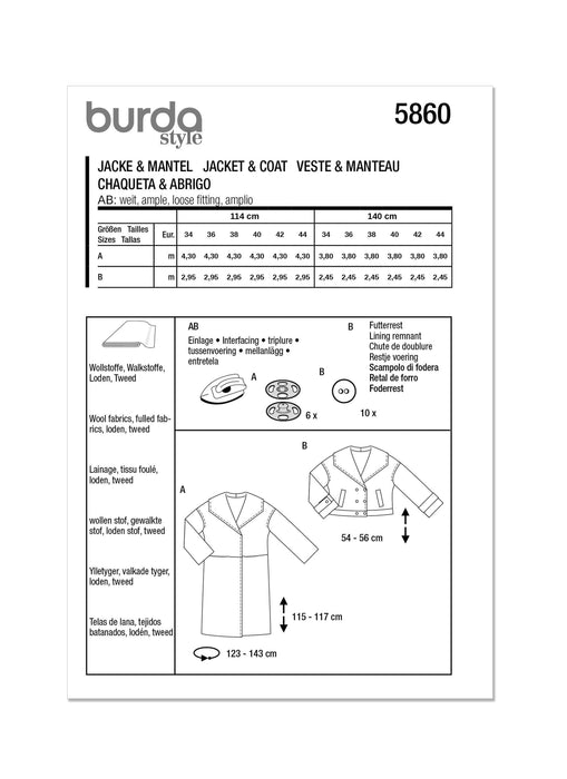 Burda Sewing Pattern 5860 Misses' Jacket & Coat from Jaycotts Sewing Supplies
