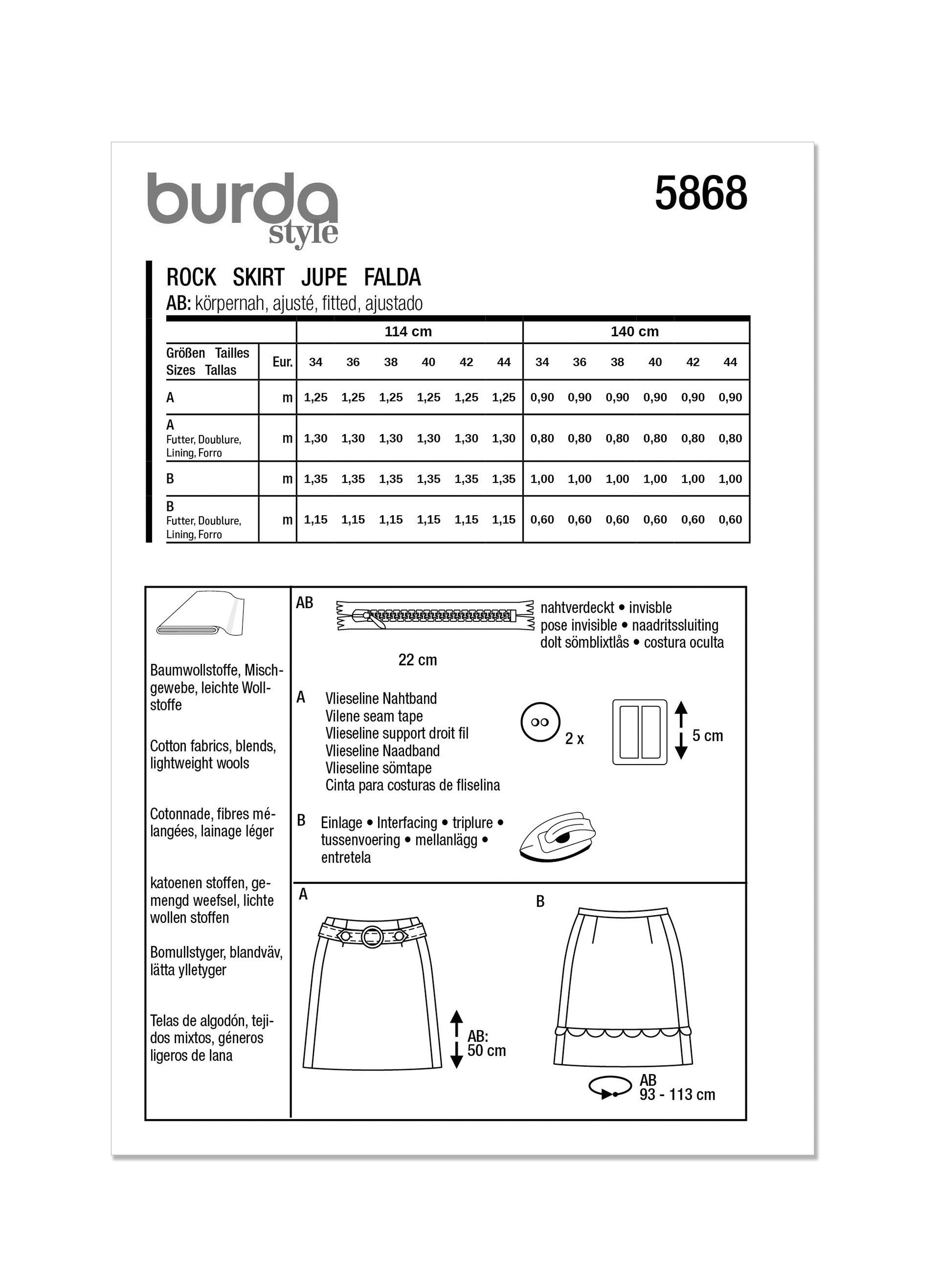 Burda Sewing Pattern 5868 Misses' Skirt from Jaycotts Sewing Supplies